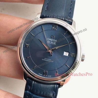 Copy Omega De Ville Blue Co-Axial Roman Dial  Blue Leather Band Watch